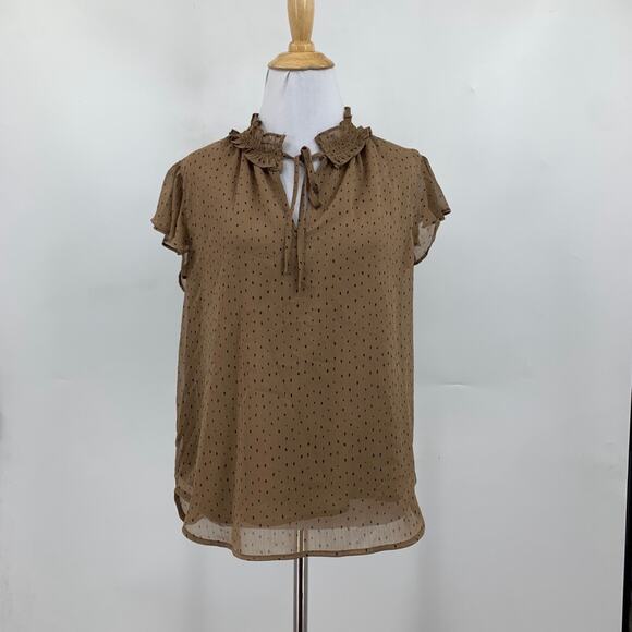 Pleione Blouse Womens XS Extra Small Brown Polka Dot Ruffle Collar Keyhole Lined - Picture 2 of 11